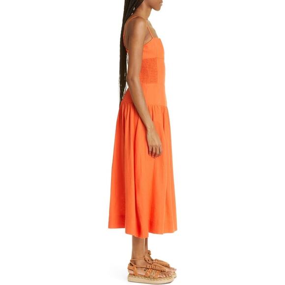 Farm Rio Orange Smocked Linen Blend Sleeveless Resort Midi Sun Dress Size Small - Picture 4 of 16
